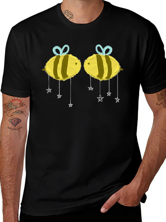 Cute Bee T-Shirt with Star Accents - Black Cotton Tee