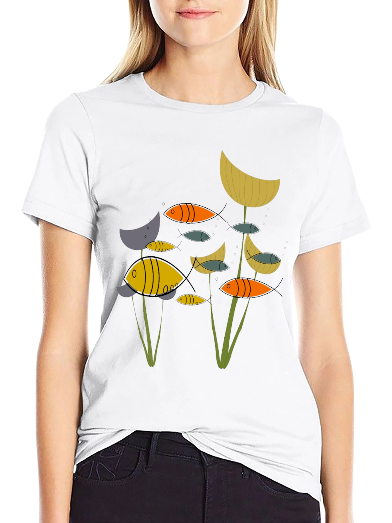Abstract Fish Graphic Print Black T-Shirt