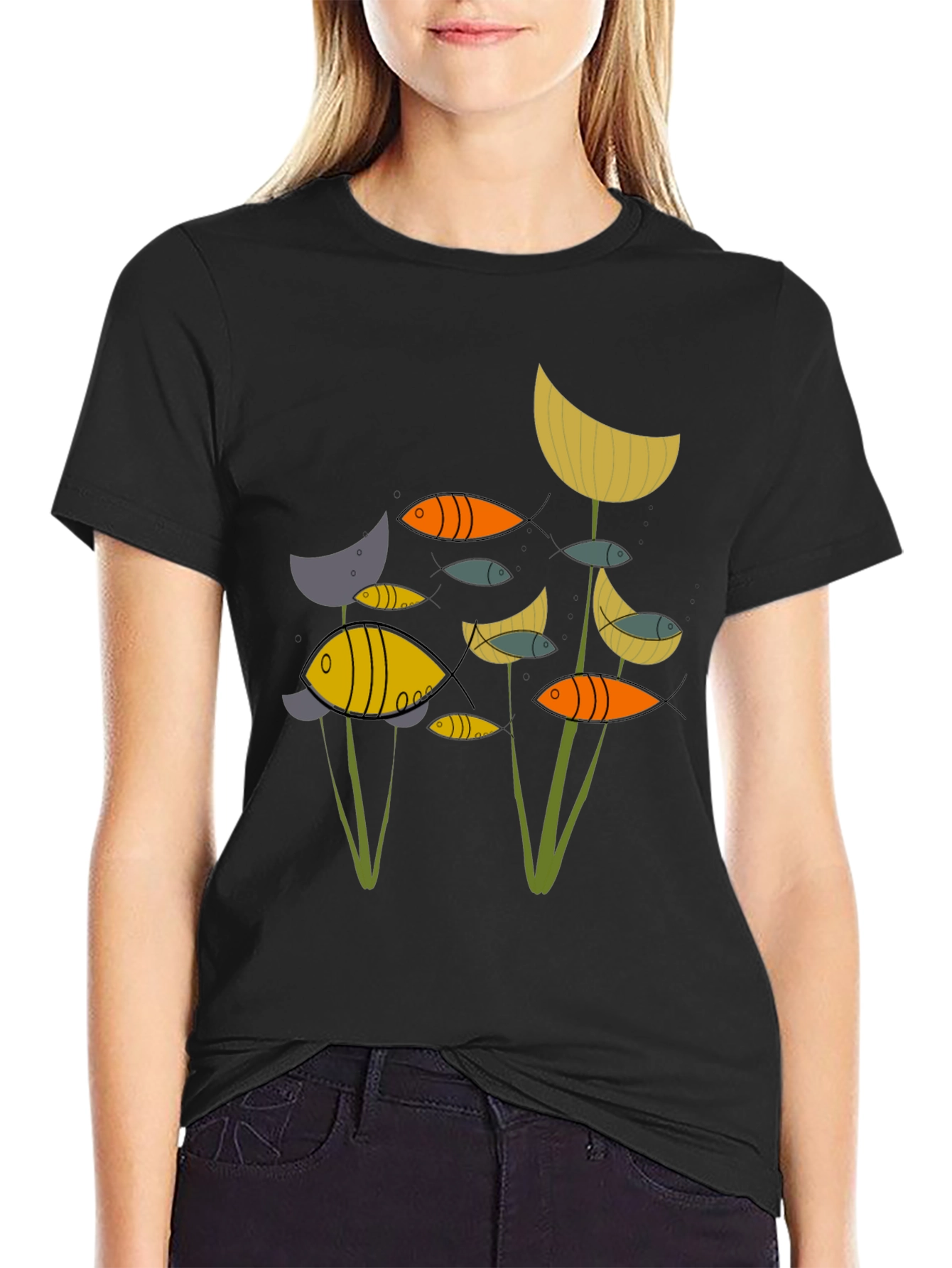 Abstract Fish Graphic Print Black T-Shirt