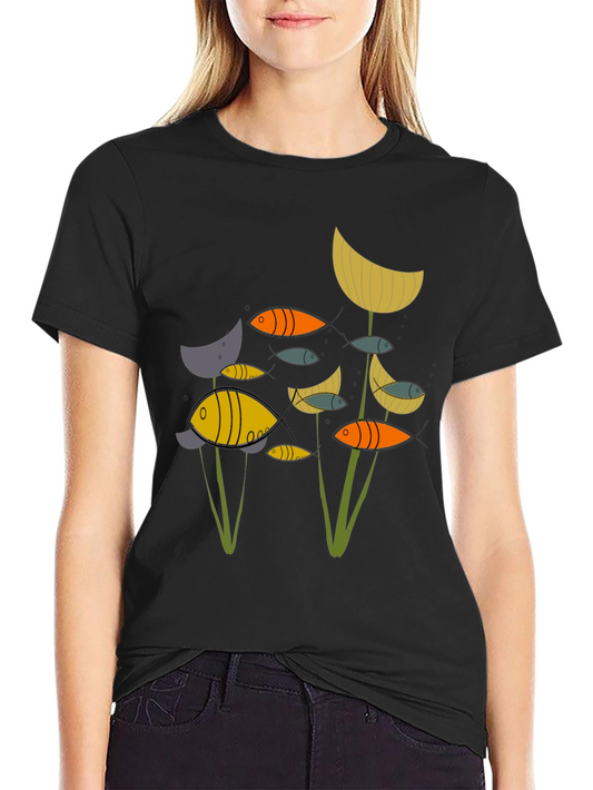 Abstract Fish Graphic Print Black T-Shirt