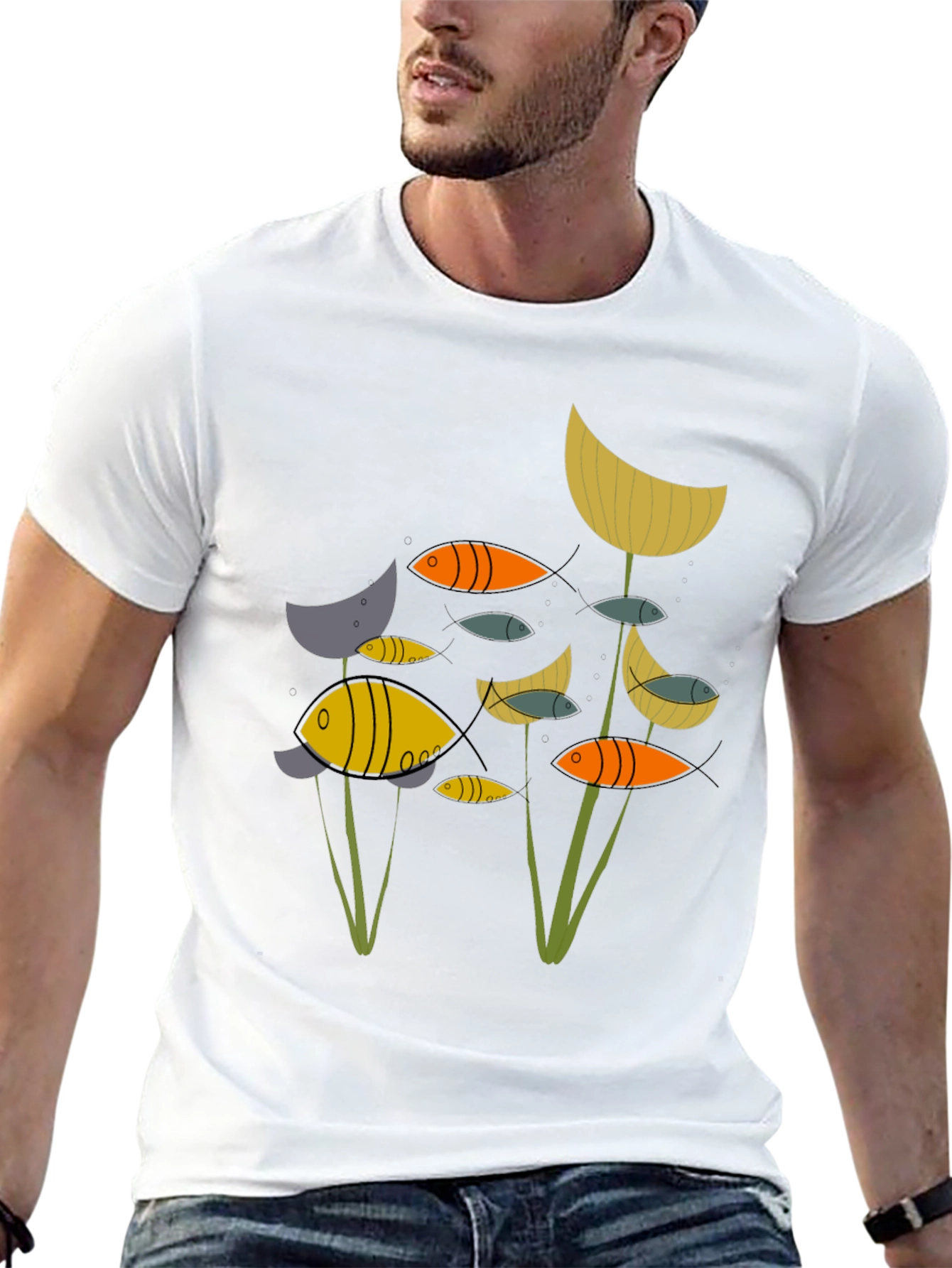 Abstract Fish Graphic Print Black T-Shirt