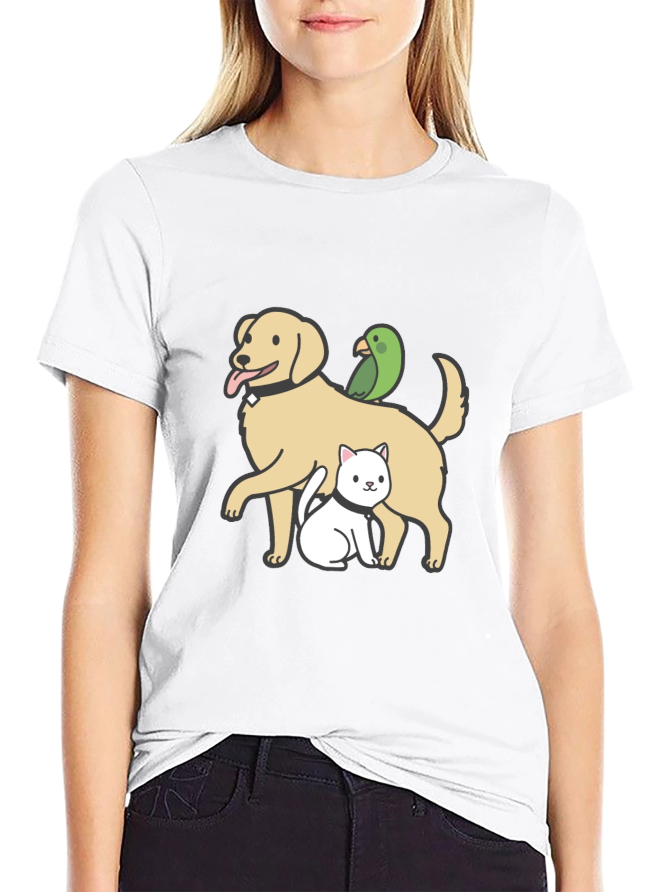 Dog Cat Parrot Cartoon Graphic Black T-Shirt