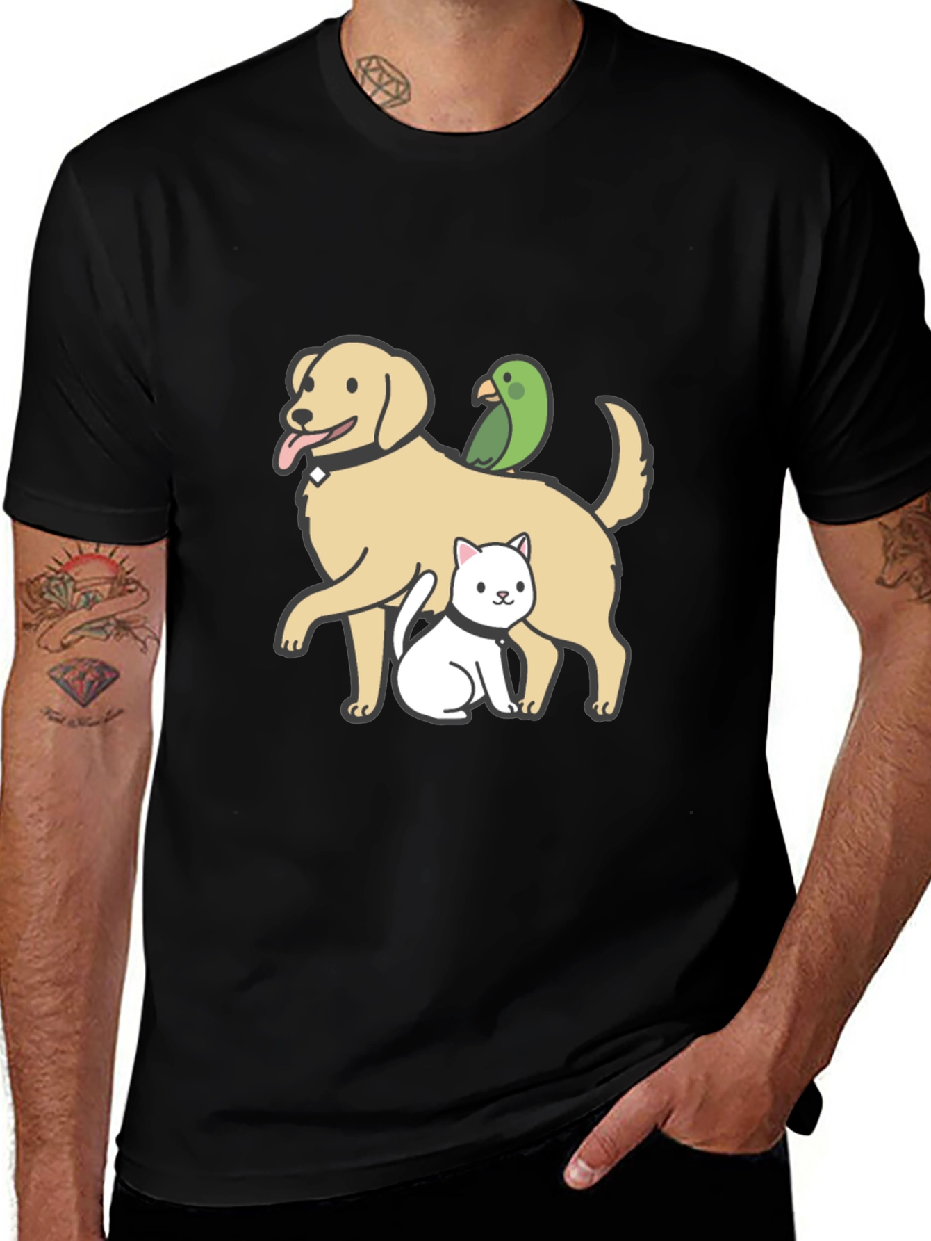 Dog Cat Parrot Cartoon Graphic Black T-Shirt