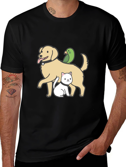 Dog Cat Parrot Cartoon Graphic Black T-Shirt