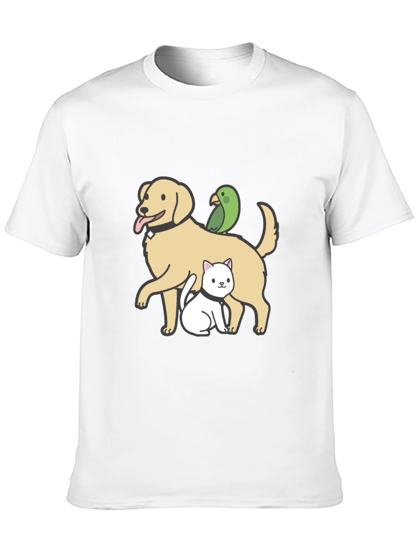 Dog Cat Parrot Cartoon Graphic Black T-Shirt