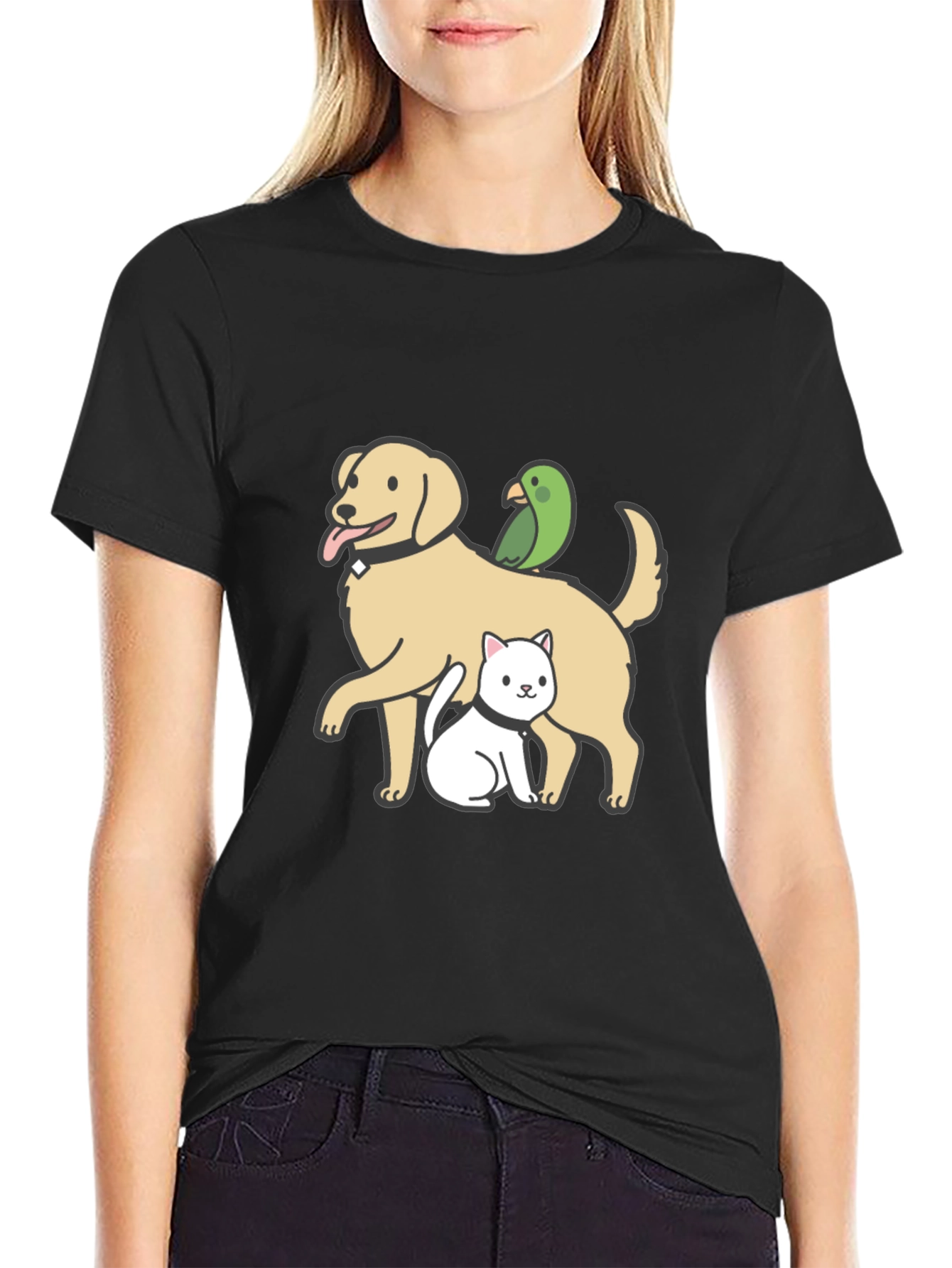 Dog Cat Parrot Cartoon Graphic Black T-Shirt