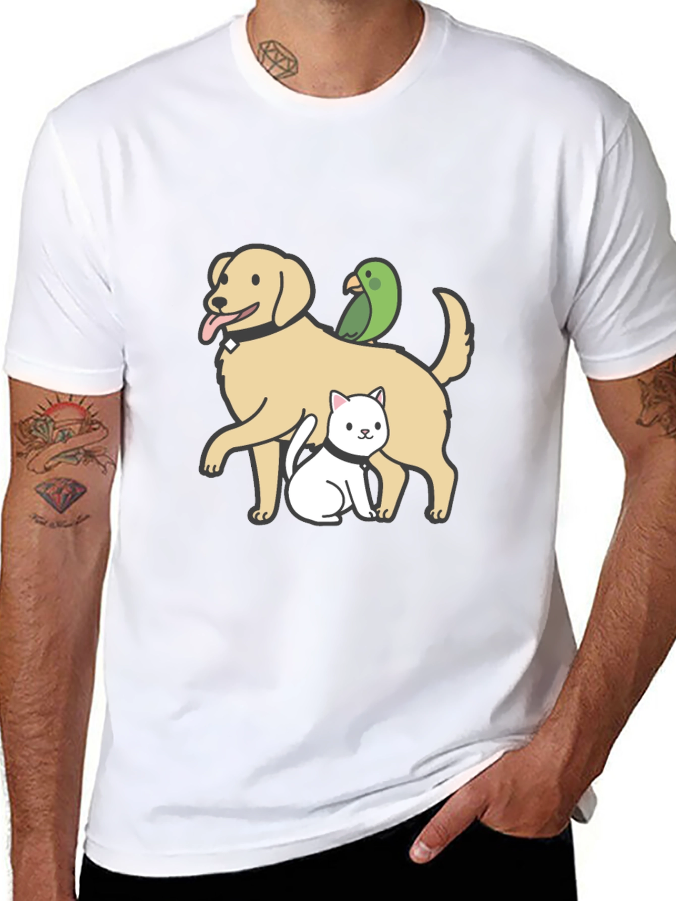 Dog Cat Parrot Cartoon Graphic Black T-Shirt