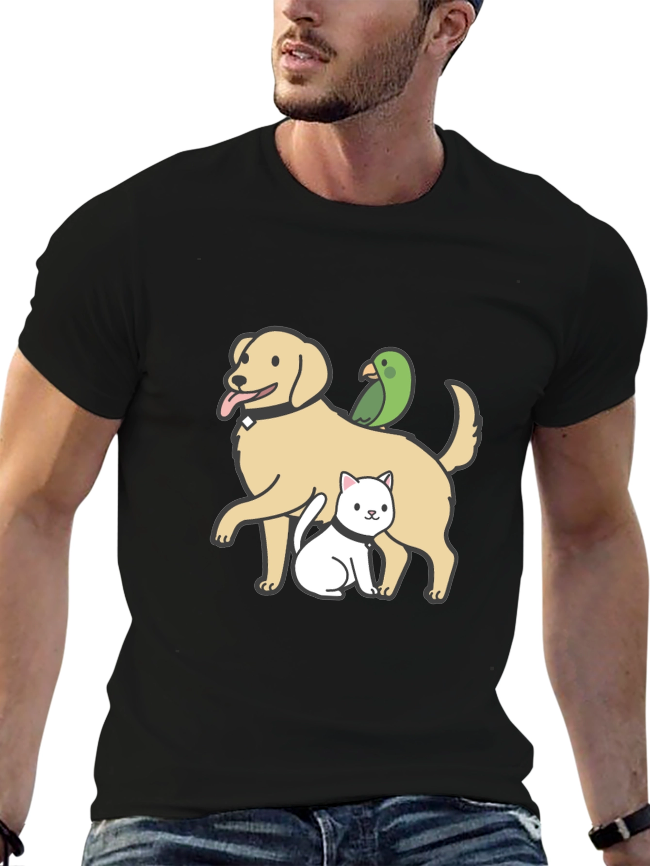 Dog Cat Parrot Cartoon Graphic Black T-Shirt