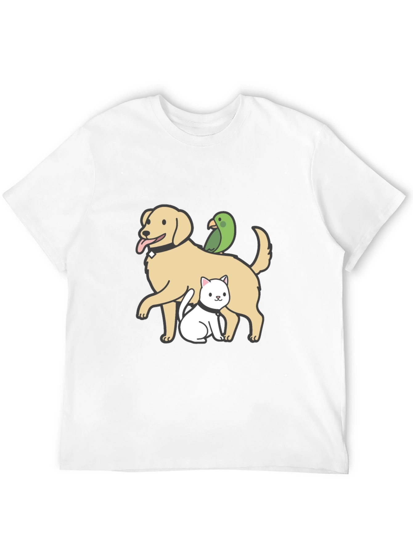 Dog Cat Parrot Cartoon Graphic Black T-Shirt
