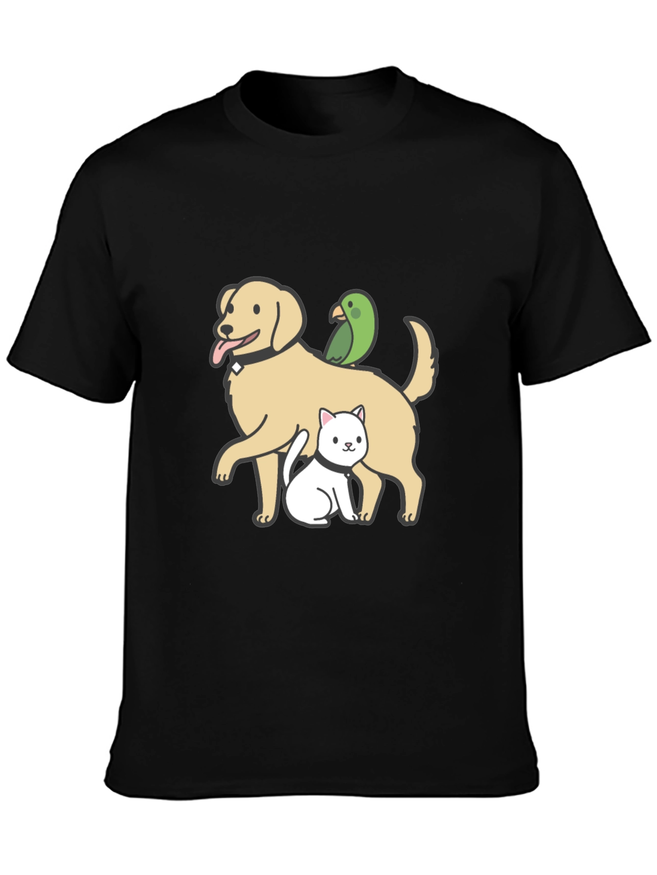 Dog Cat Parrot Cartoon Graphic Black T-Shirt