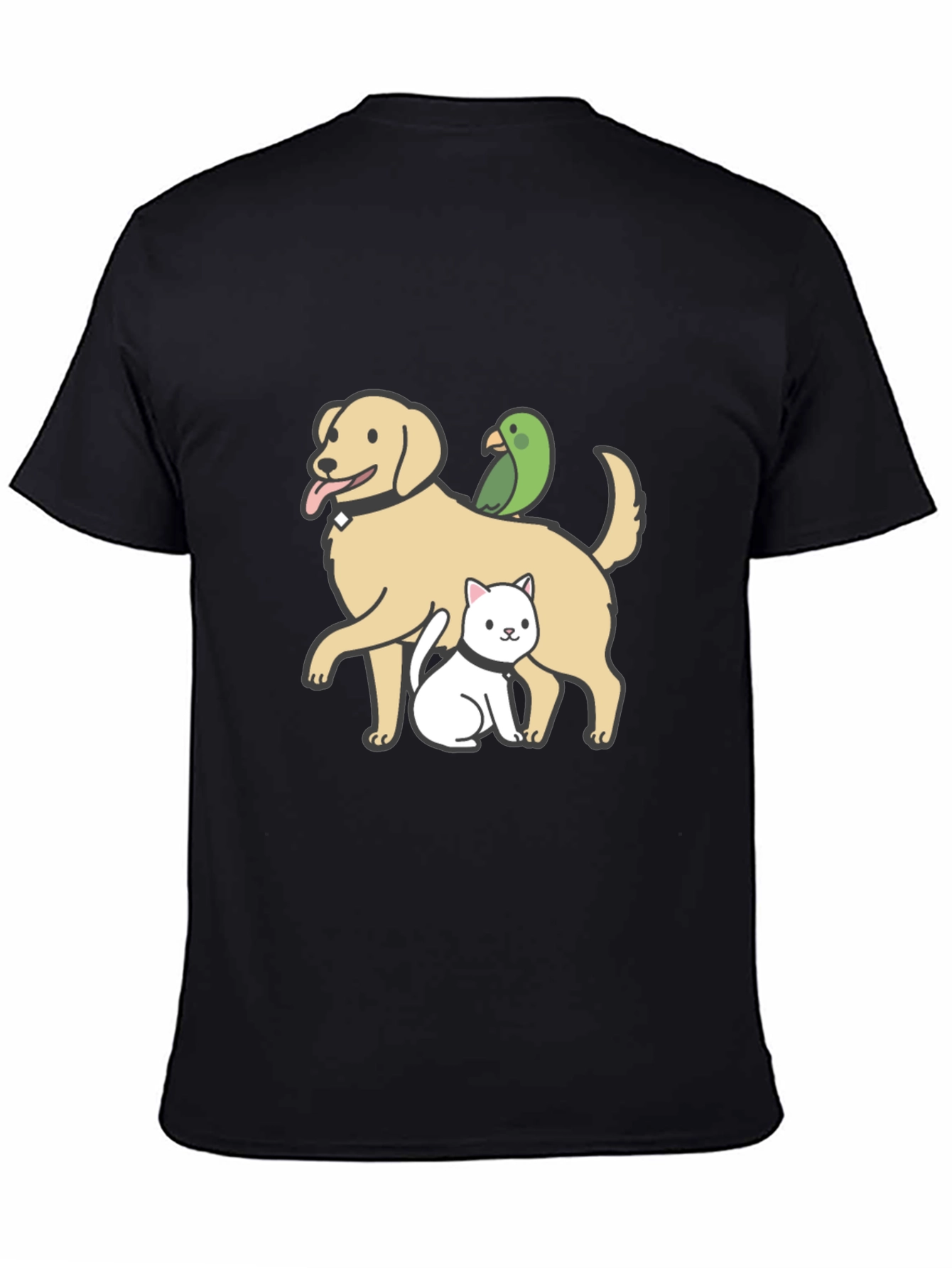 Dog Cat Parrot Cartoon Graphic Black T-Shirt