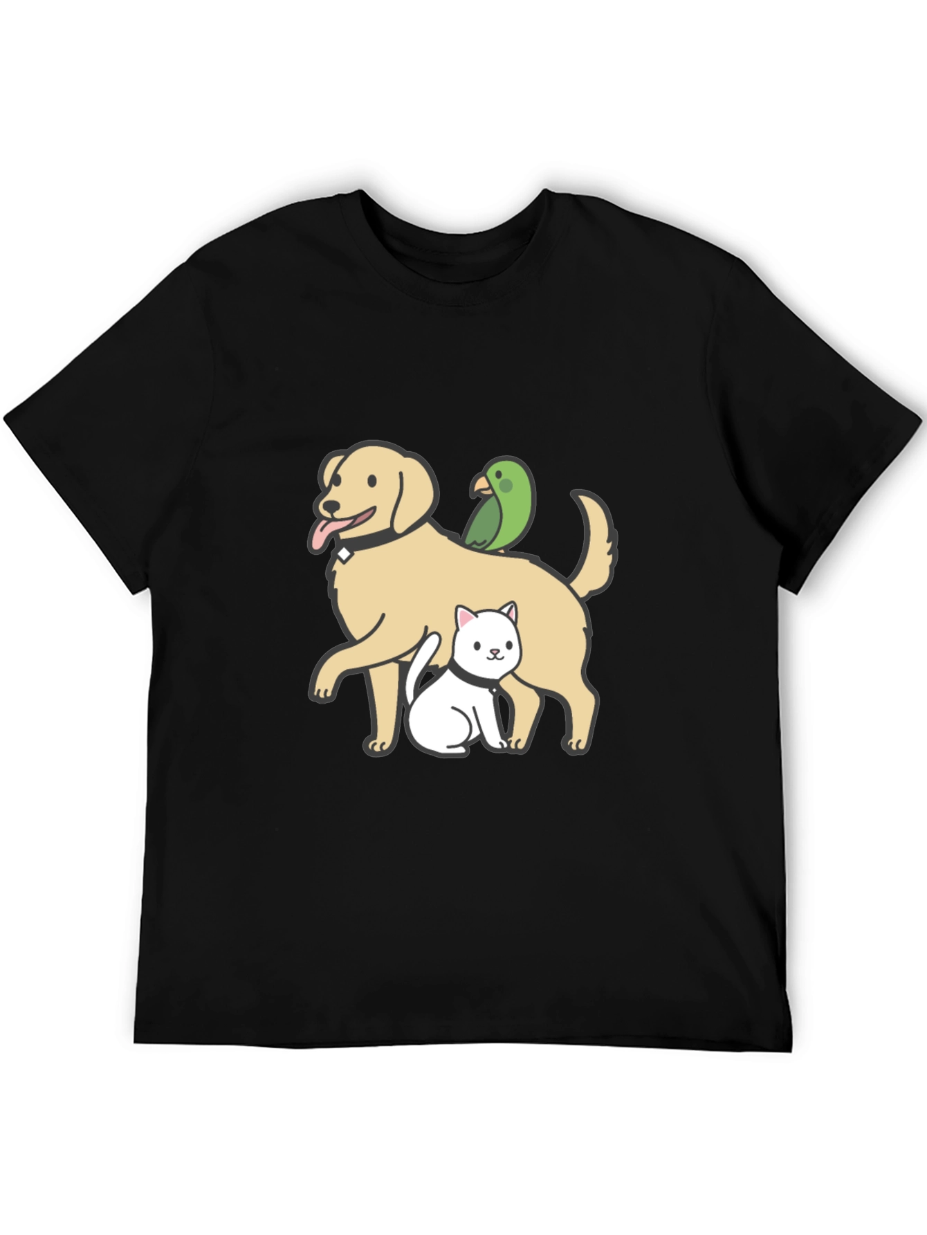 Dog Cat Parrot Cartoon Graphic Black T-Shirt