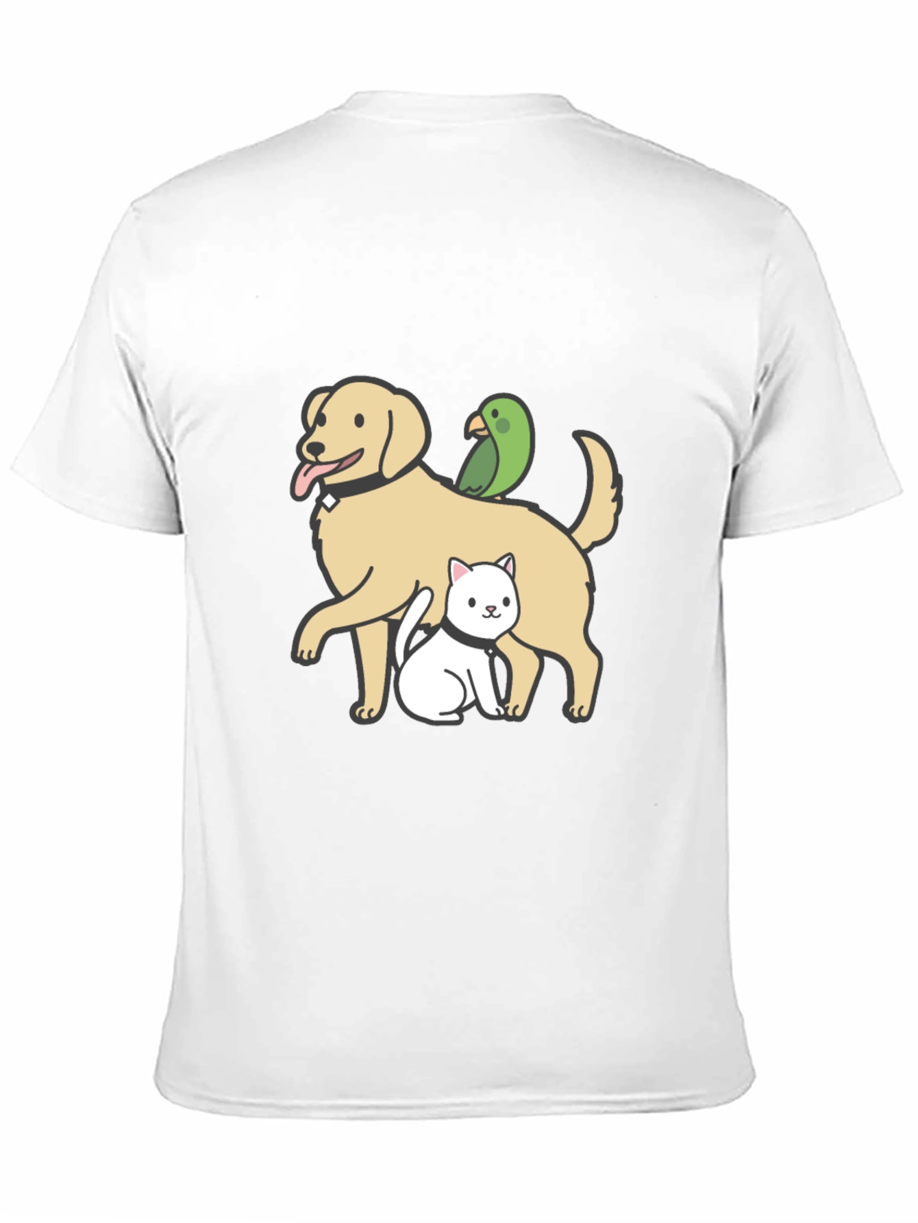 Dog Cat Parrot Cartoon Graphic Black T-Shirt