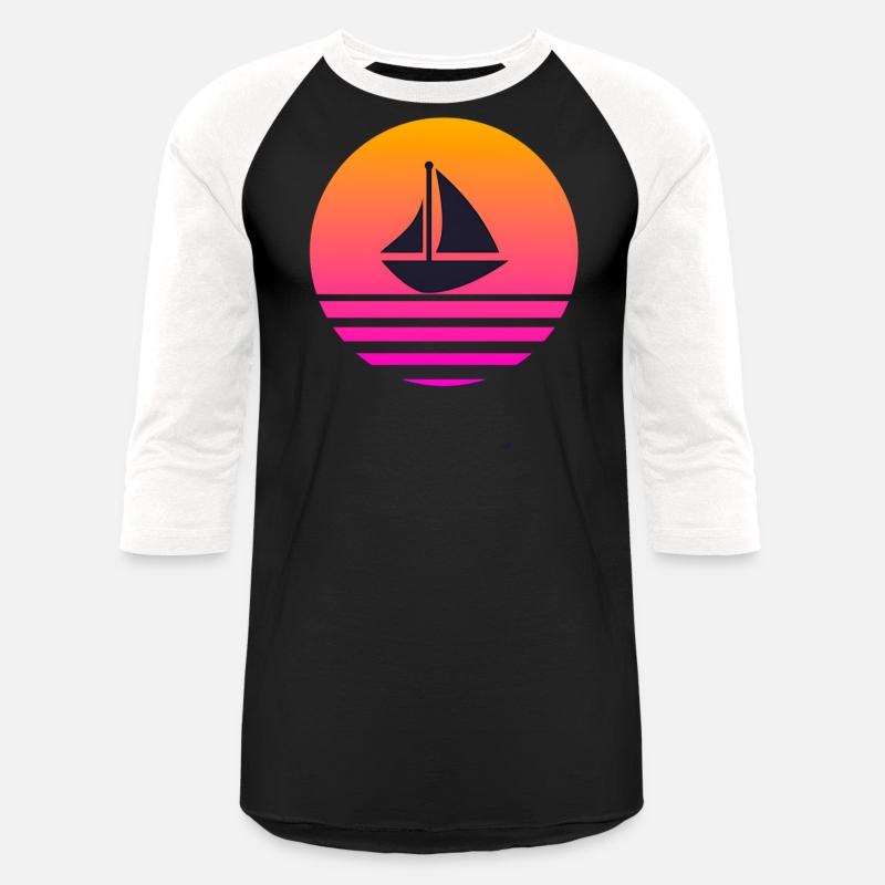 A boat with a retro sunset behind