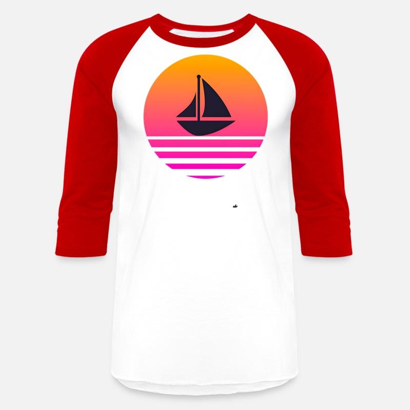 A boat with a retro sunset behind