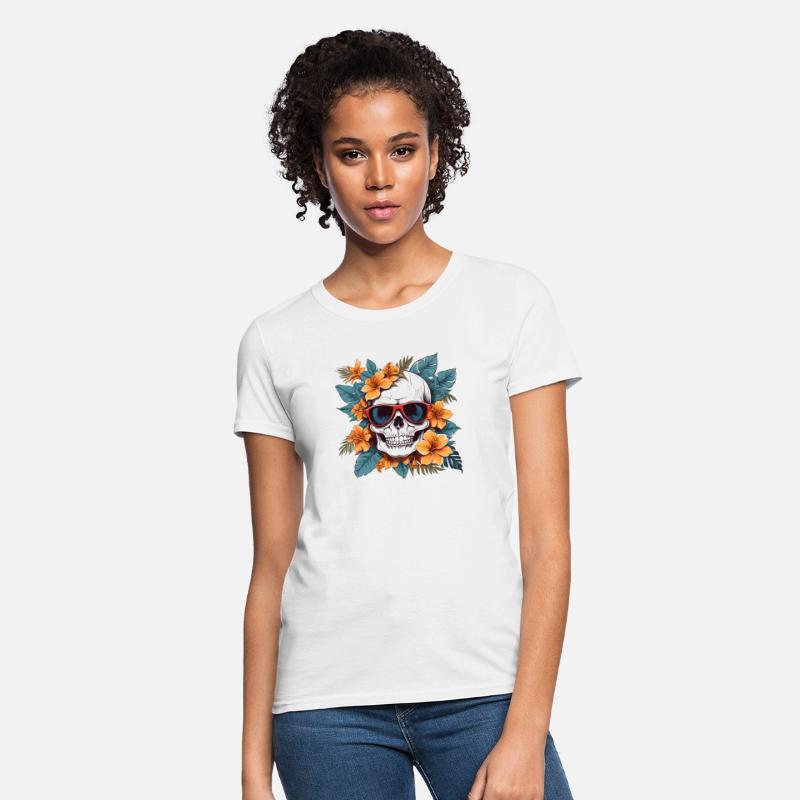 A skull with sunglasses and a tropical flower