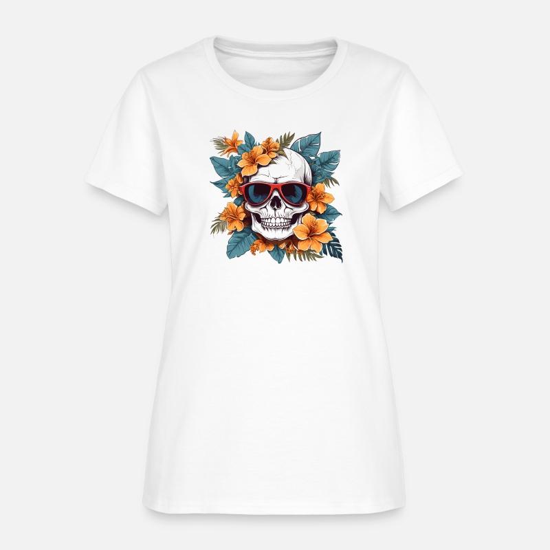 A skull with sunglasses and a tropical flower