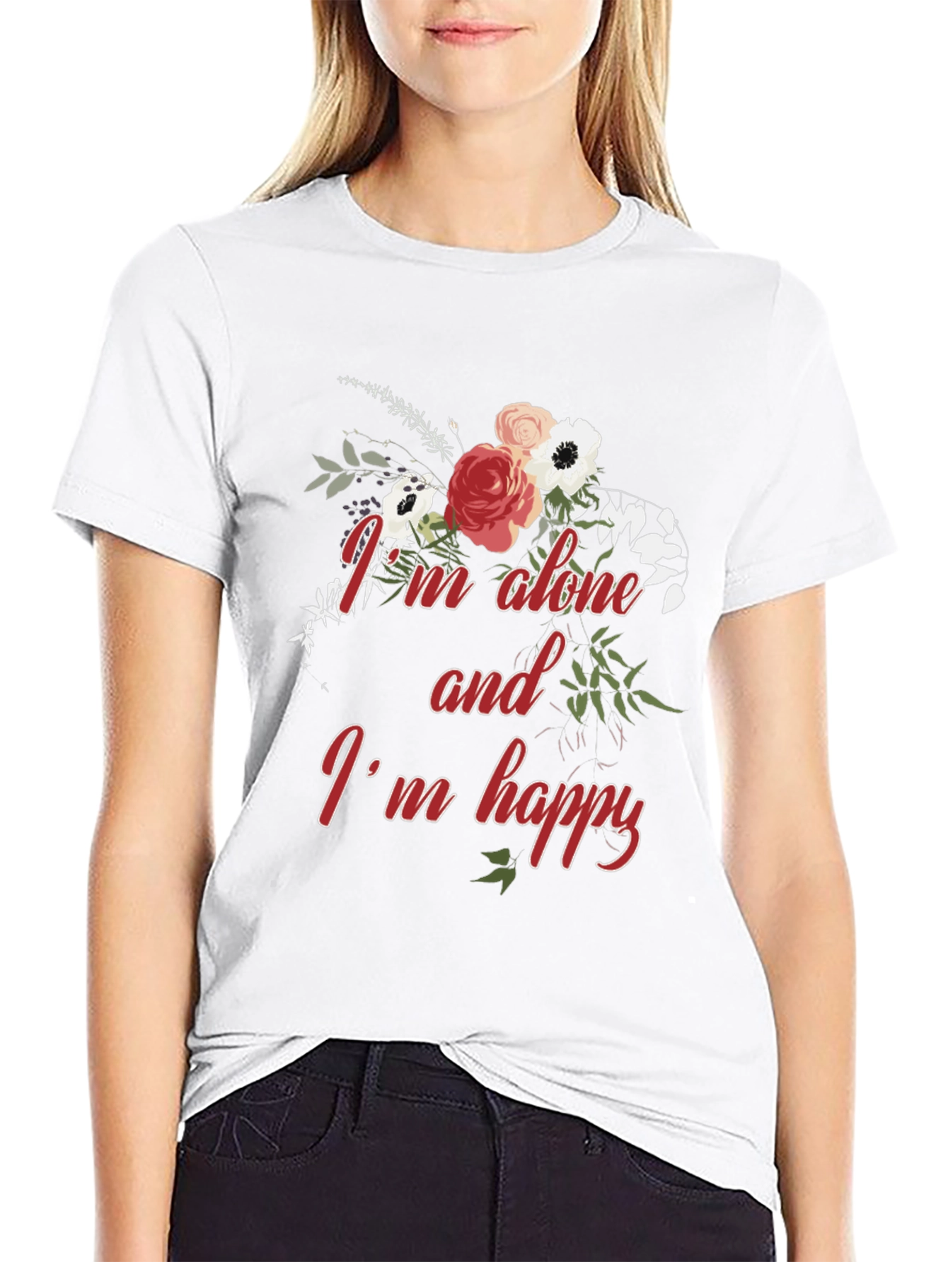 Alone and Happy Floral Graphic Tee - Black