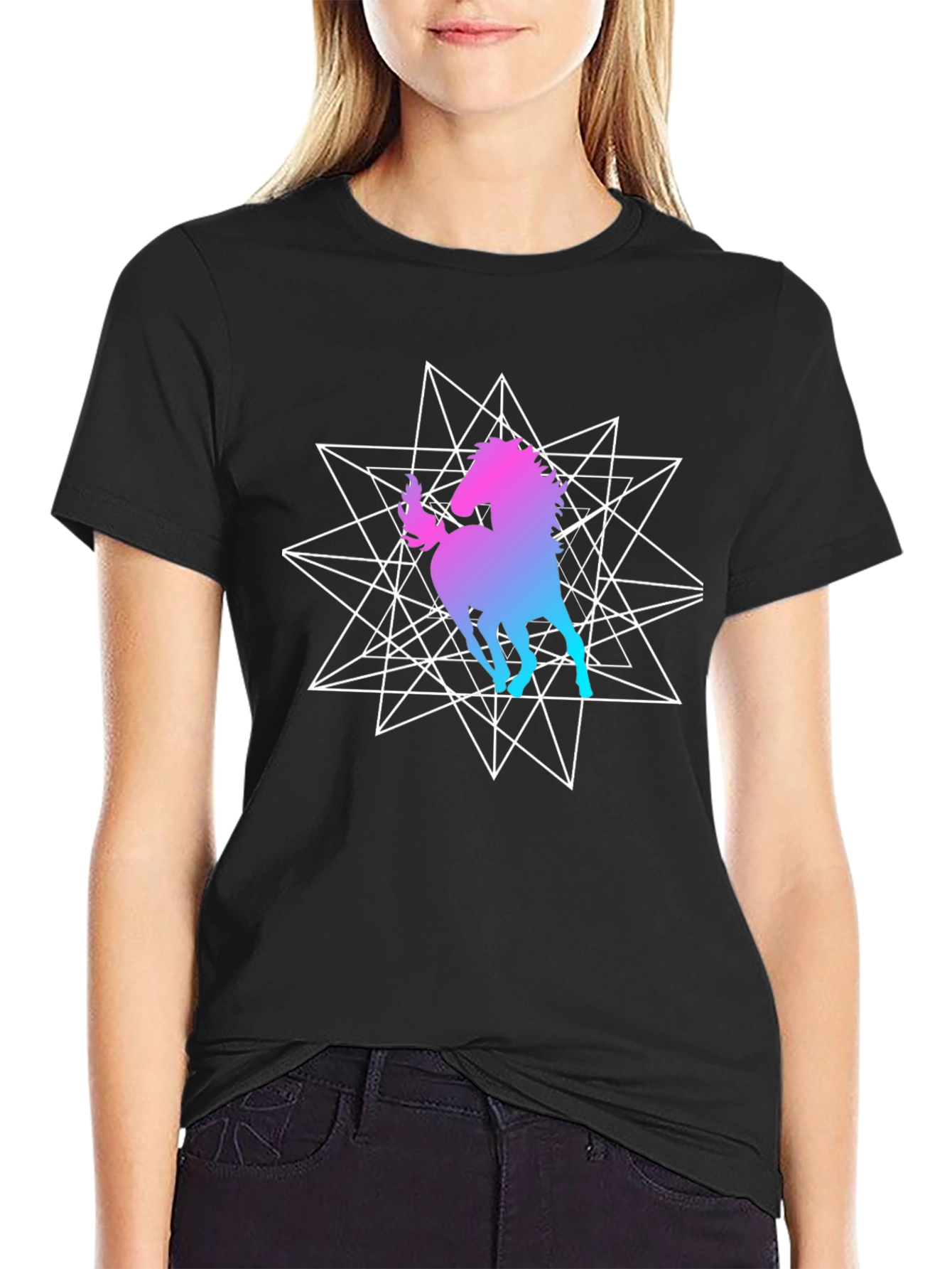 Geometric Unicorn Graphic Black T-Shirt