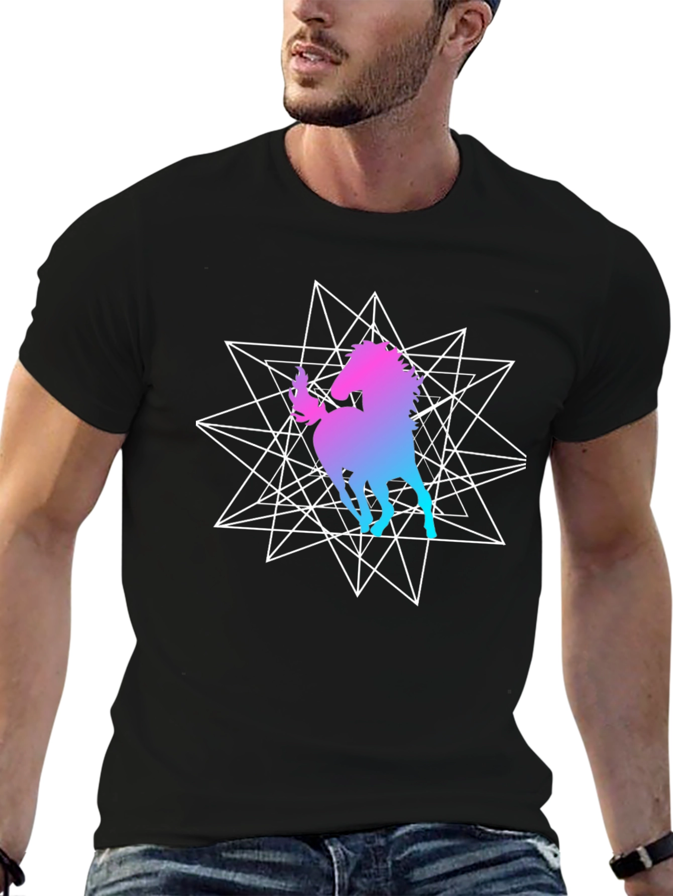 Geometric Unicorn Graphic Black T-Shirt