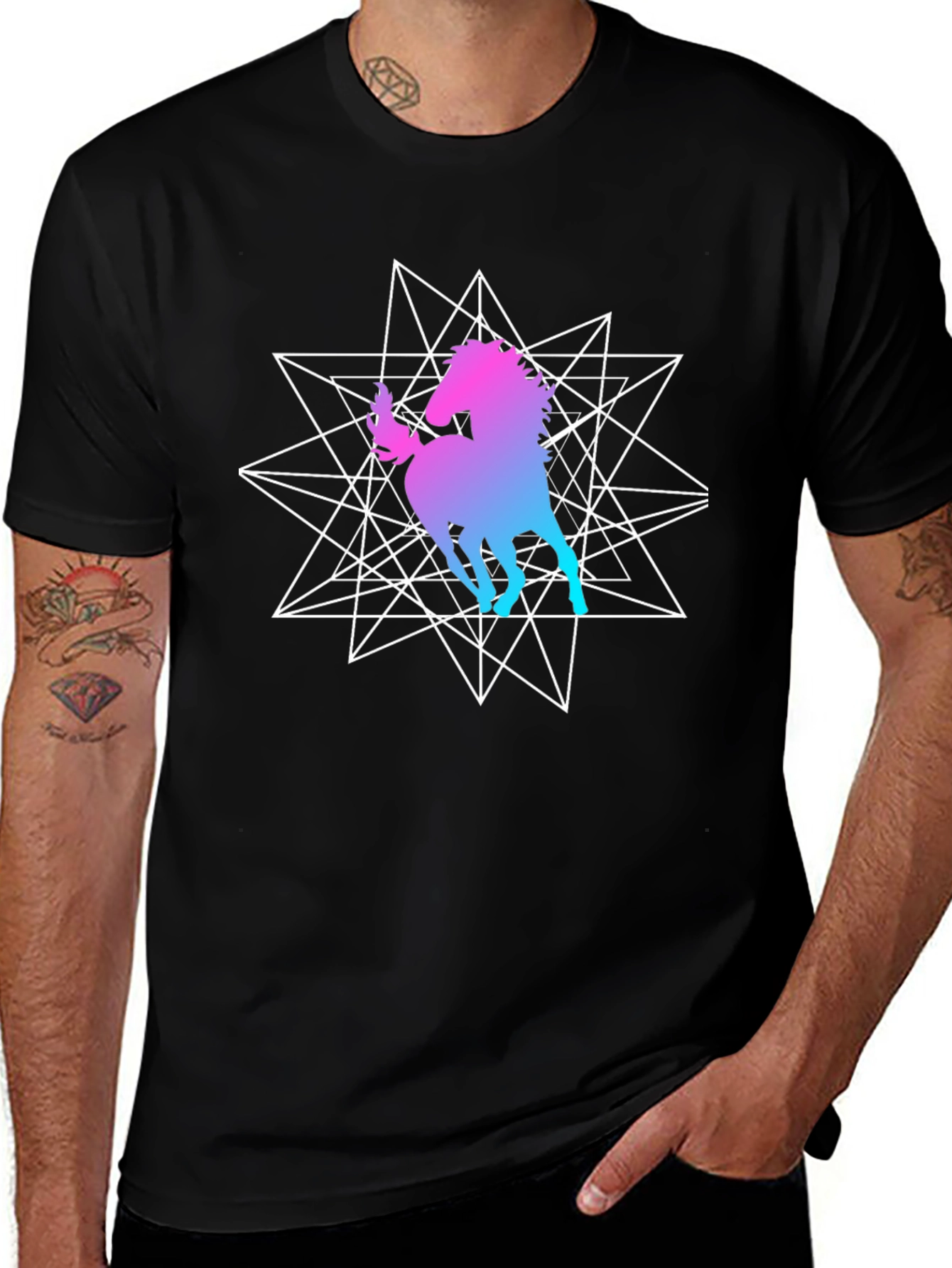 Geometric Unicorn Graphic Black T-Shirt