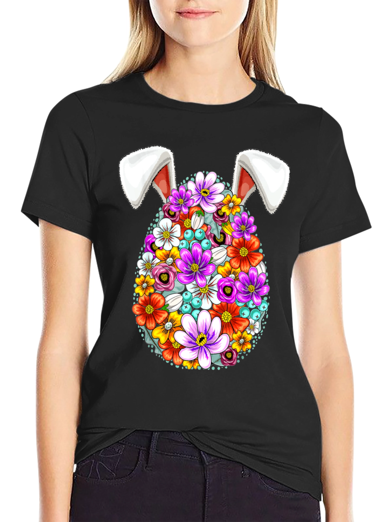 Easter Floral Egg Bunny Ears Graphic Tee