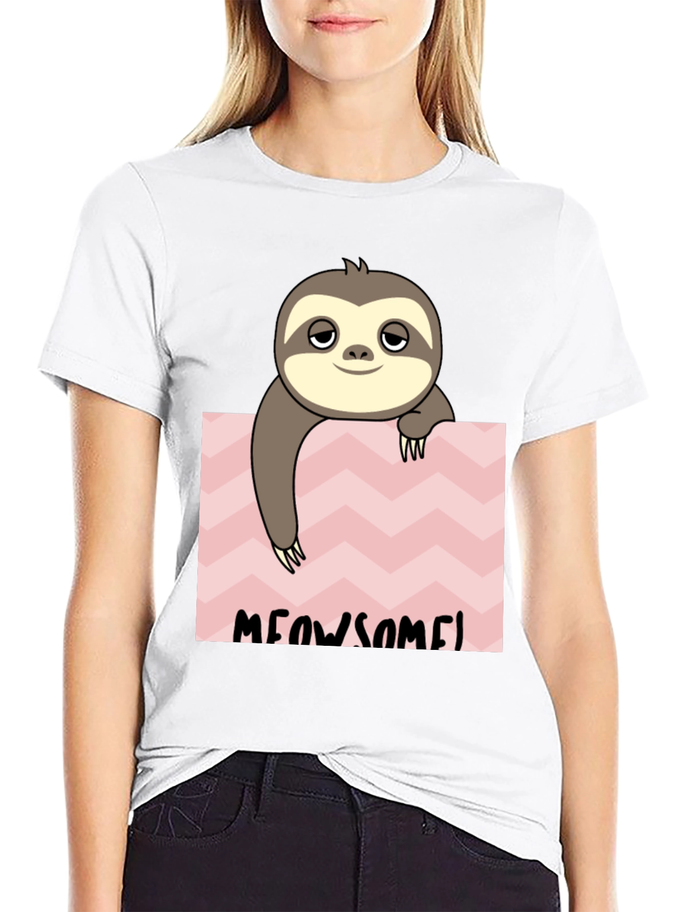 Meowsome Sloth Graphic Tee - Black Cotton Blend