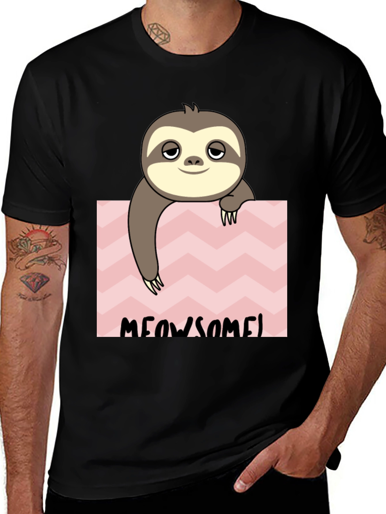 Meowsome Sloth Graphic Tee - Black Cotton Blend