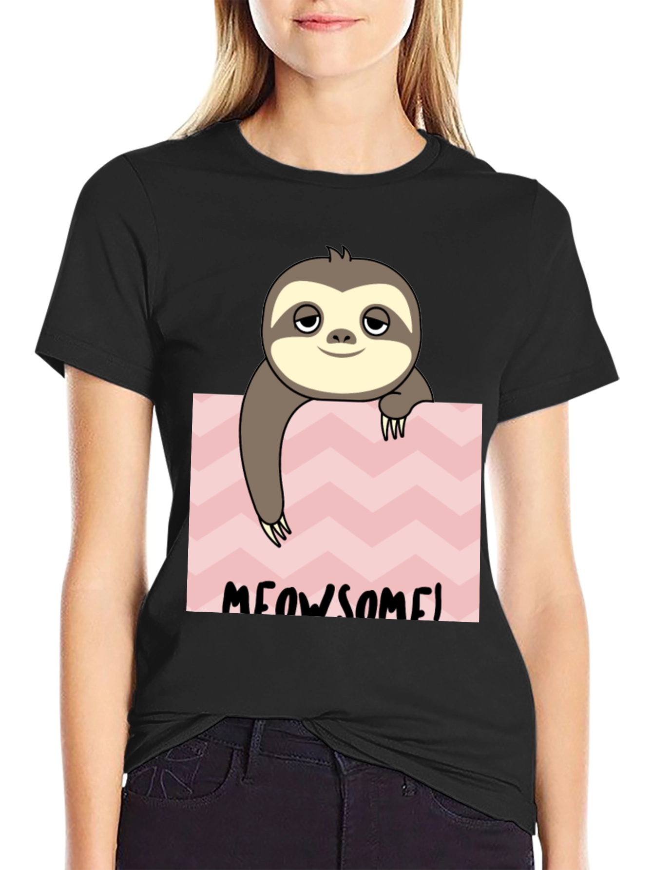 Meowsome Sloth Graphic Tee - Black Cotton Blend