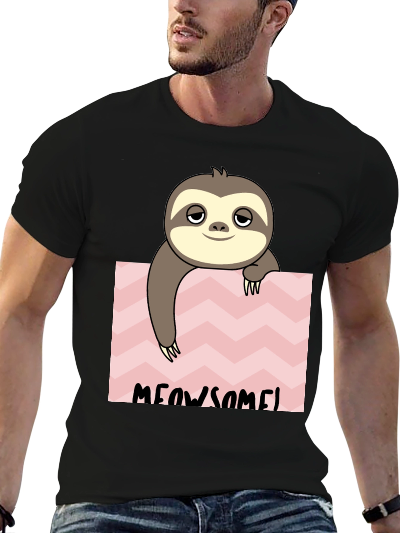 Meowsome Sloth Graphic Tee - Black Cotton Blend