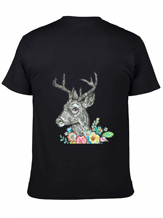 Deer Floral Graphic Print Black T-Shirt