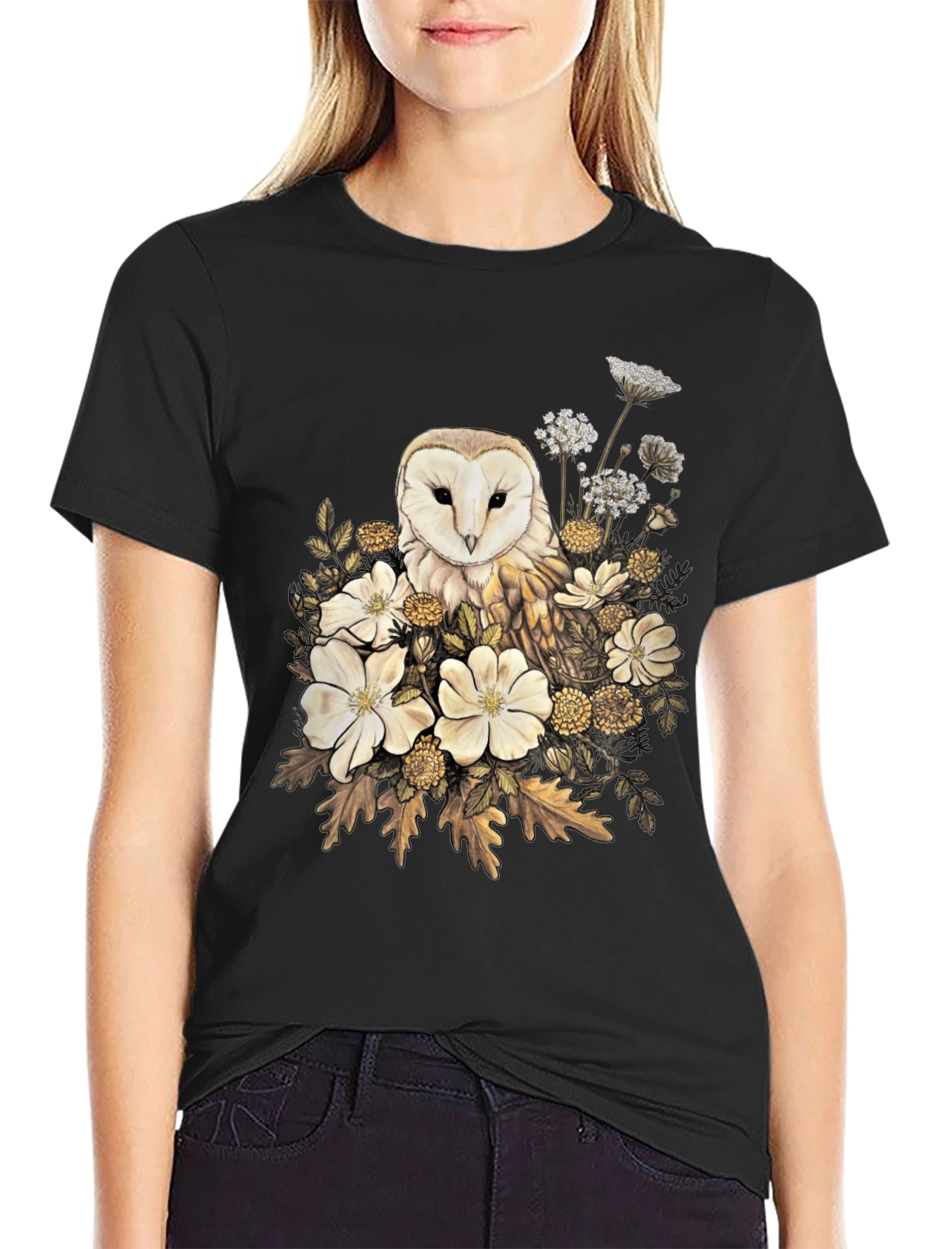 Owl and Floral Print T-Shirt
