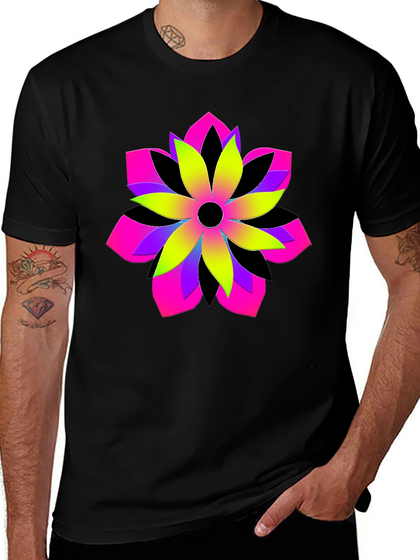 Vibrant Geometric Flower Graphic Black T-Shirt