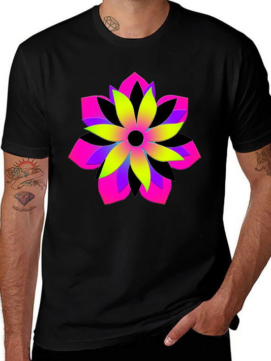 Vibrant Geometric Flower Graphic Black T-Shirt