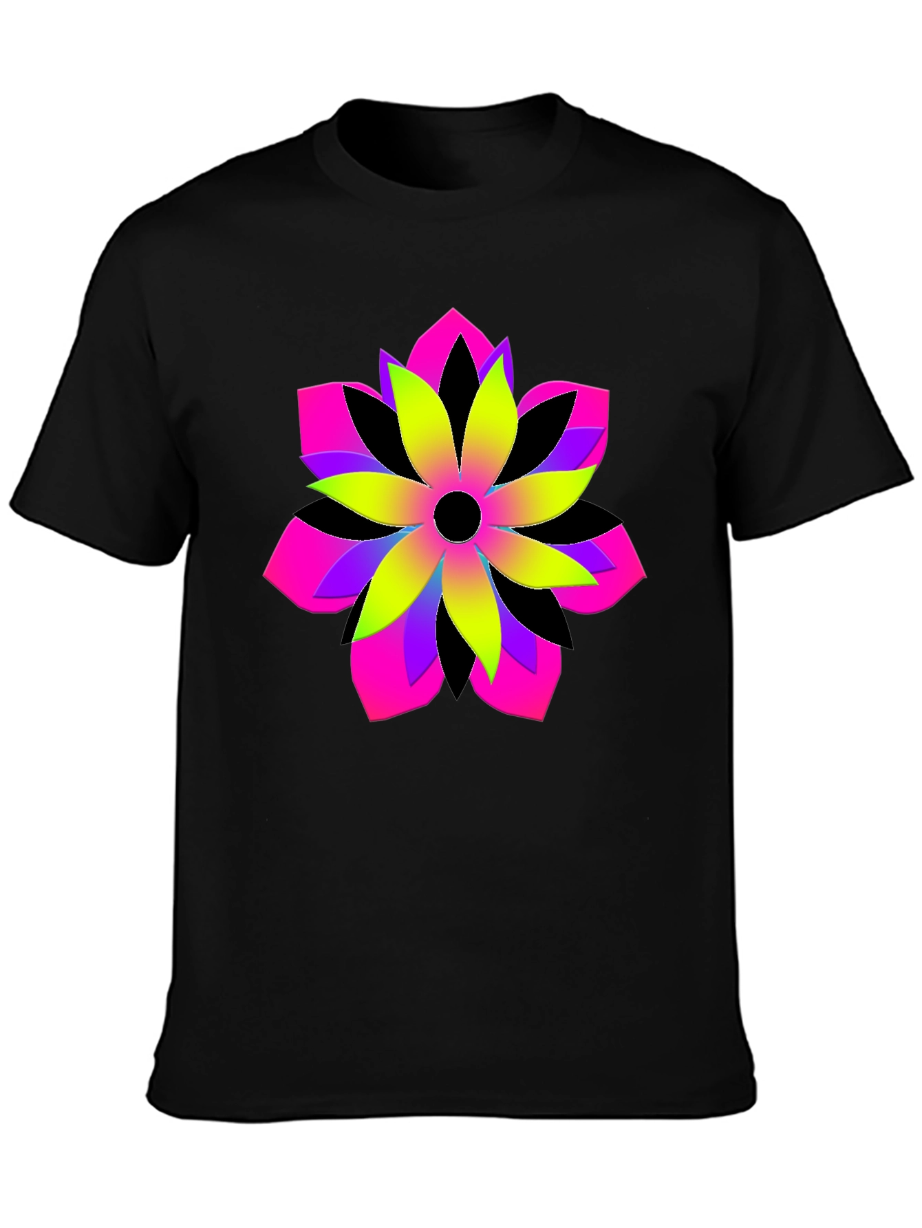 Vibrant Geometric Flower Graphic Black T-Shirt