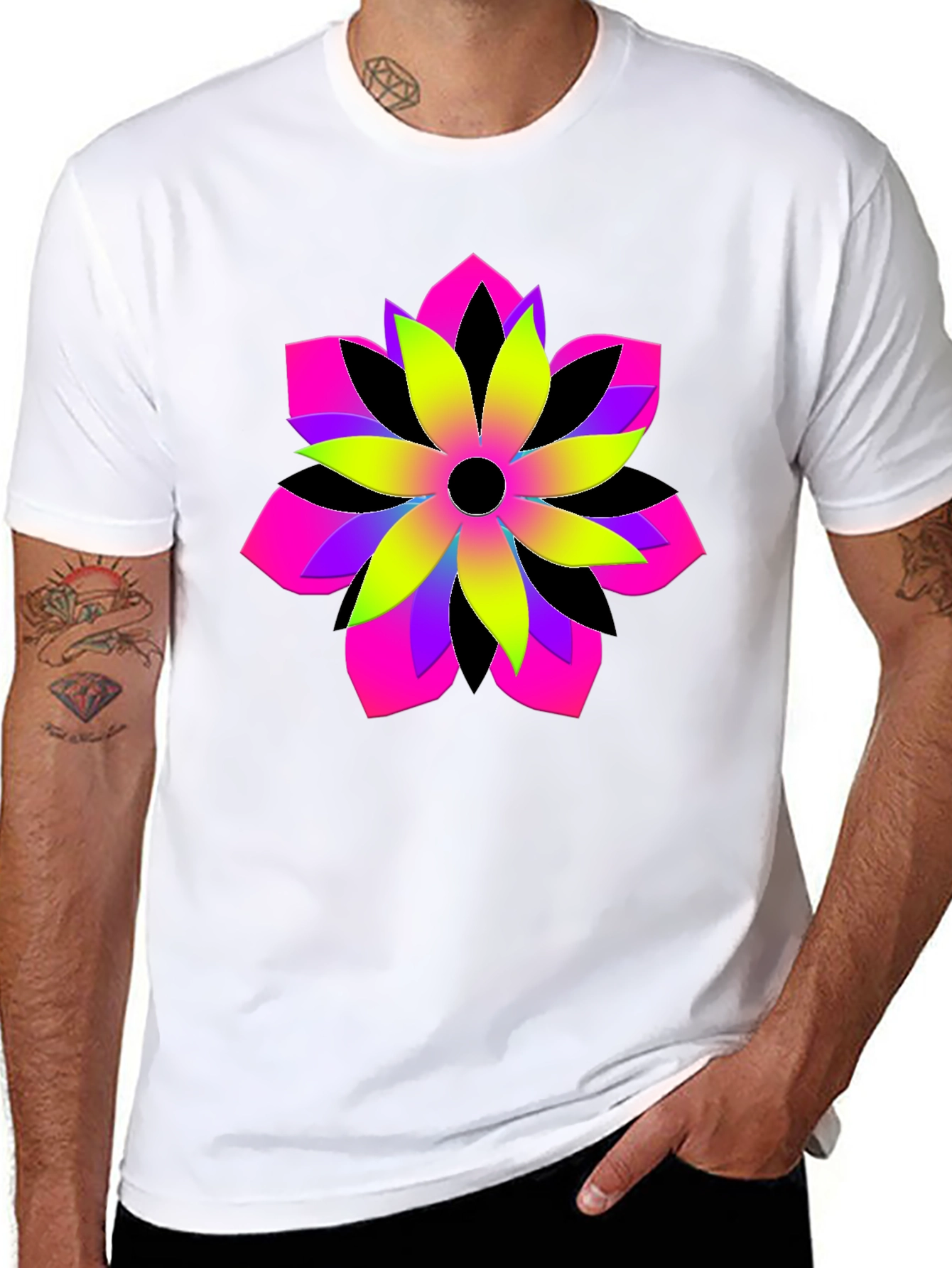 Vibrant Geometric Flower Graphic Black T-Shirt