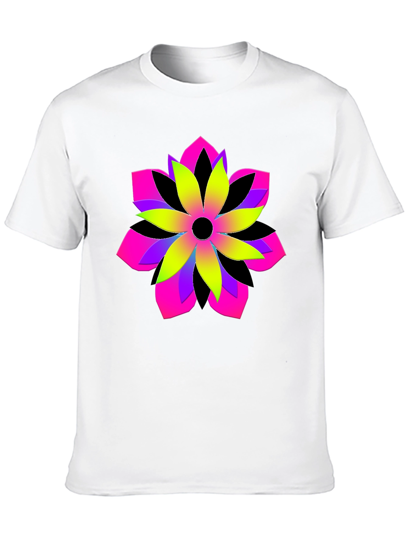 Vibrant Geometric Flower Graphic Black T-Shirt