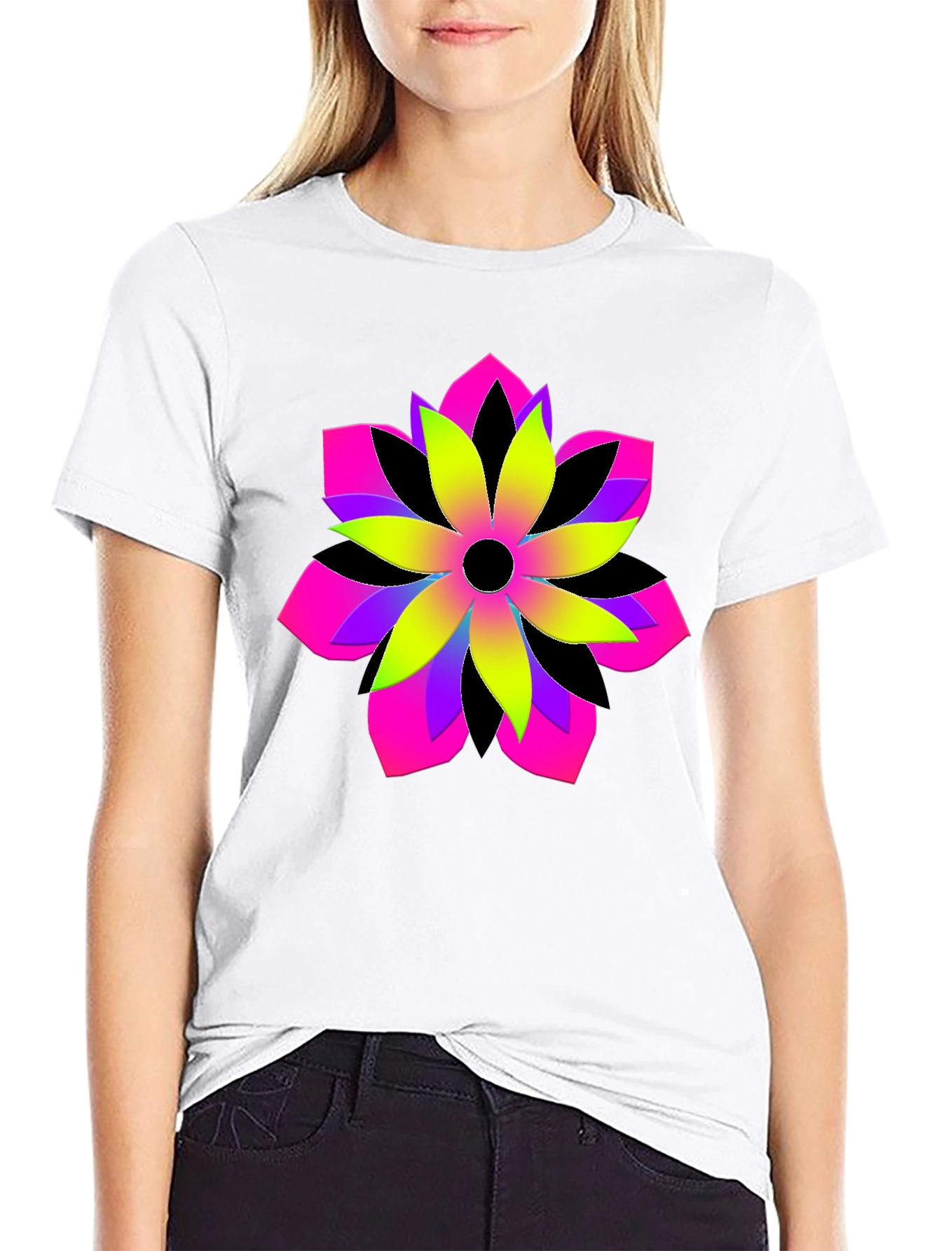 Vibrant Geometric Flower Graphic Black T-Shirt
