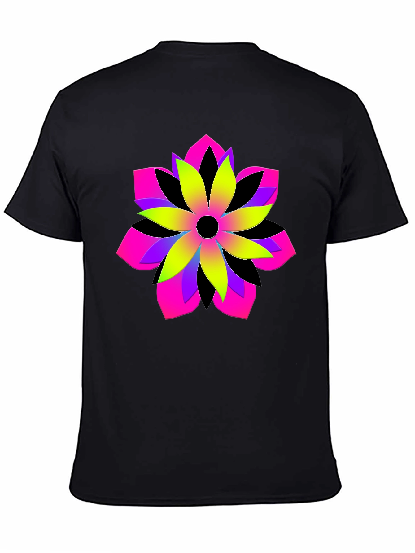 Vibrant Geometric Flower Graphic Black T-Shirt