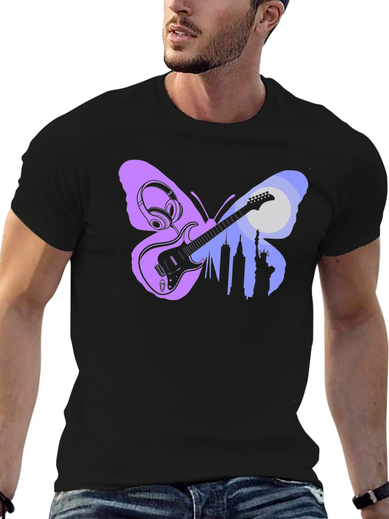 Butterfly Guitar Skyline Black T-Shirt