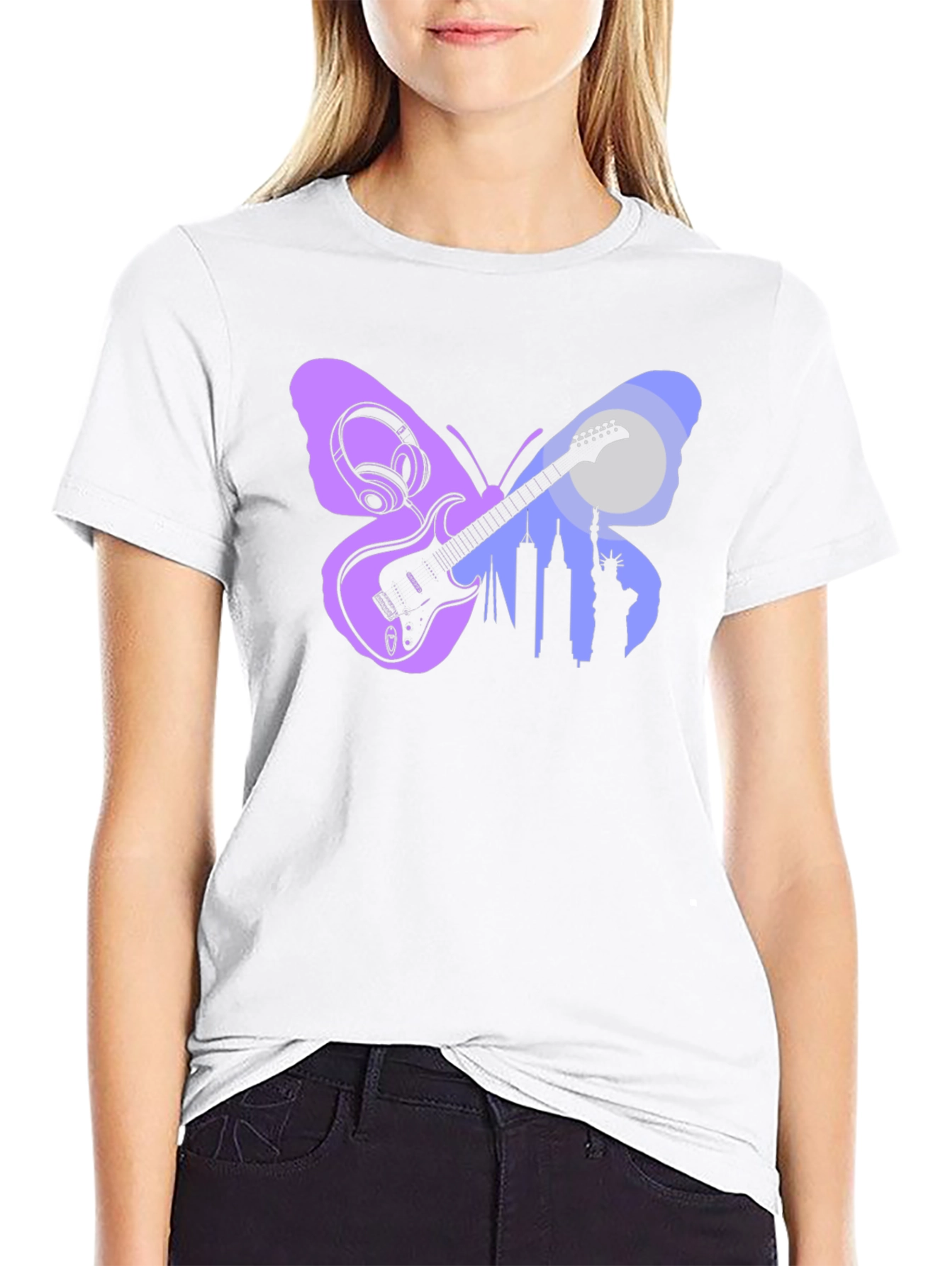 Butterfly Guitar Skyline Black T-Shirt