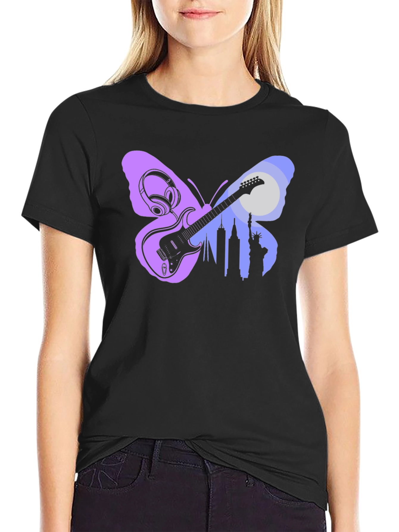 Butterfly Guitar Skyline Black T-Shirt