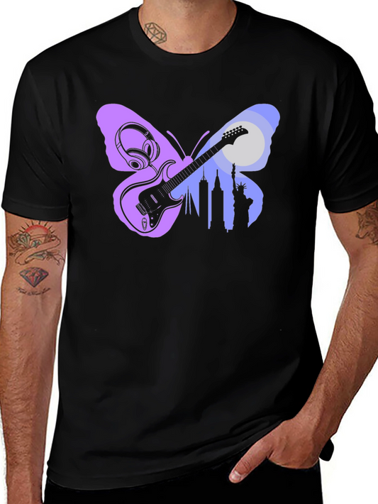 Butterfly Guitar Skyline Black T-Shirt