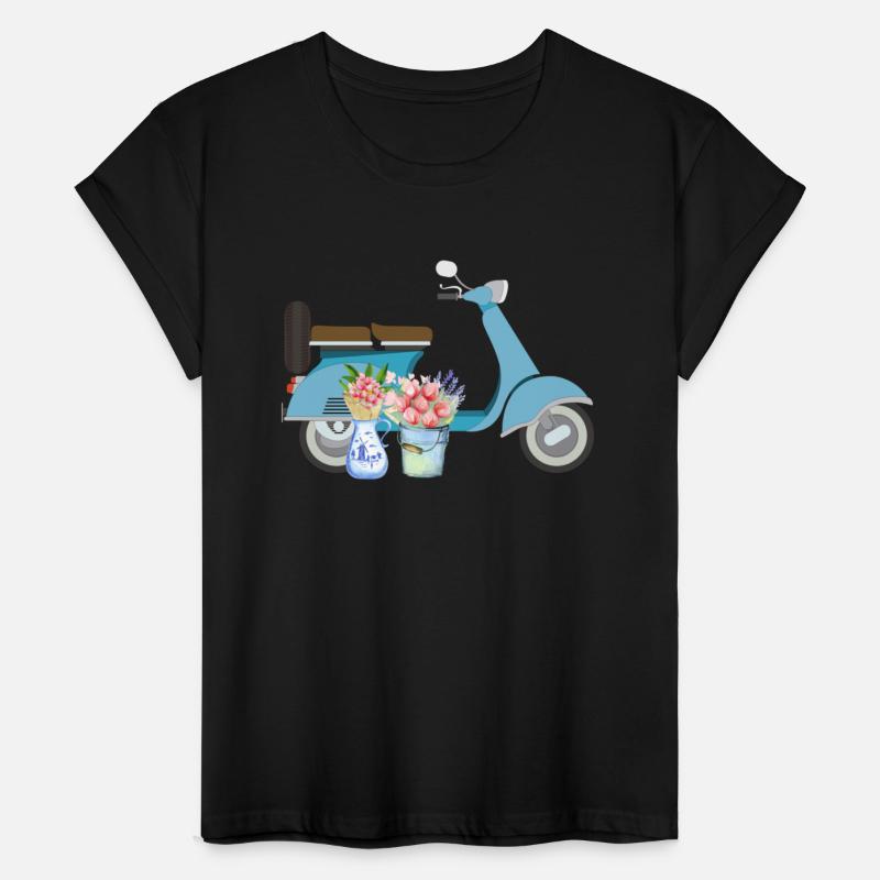 Blue Retro Scooter With Tulips Art Design