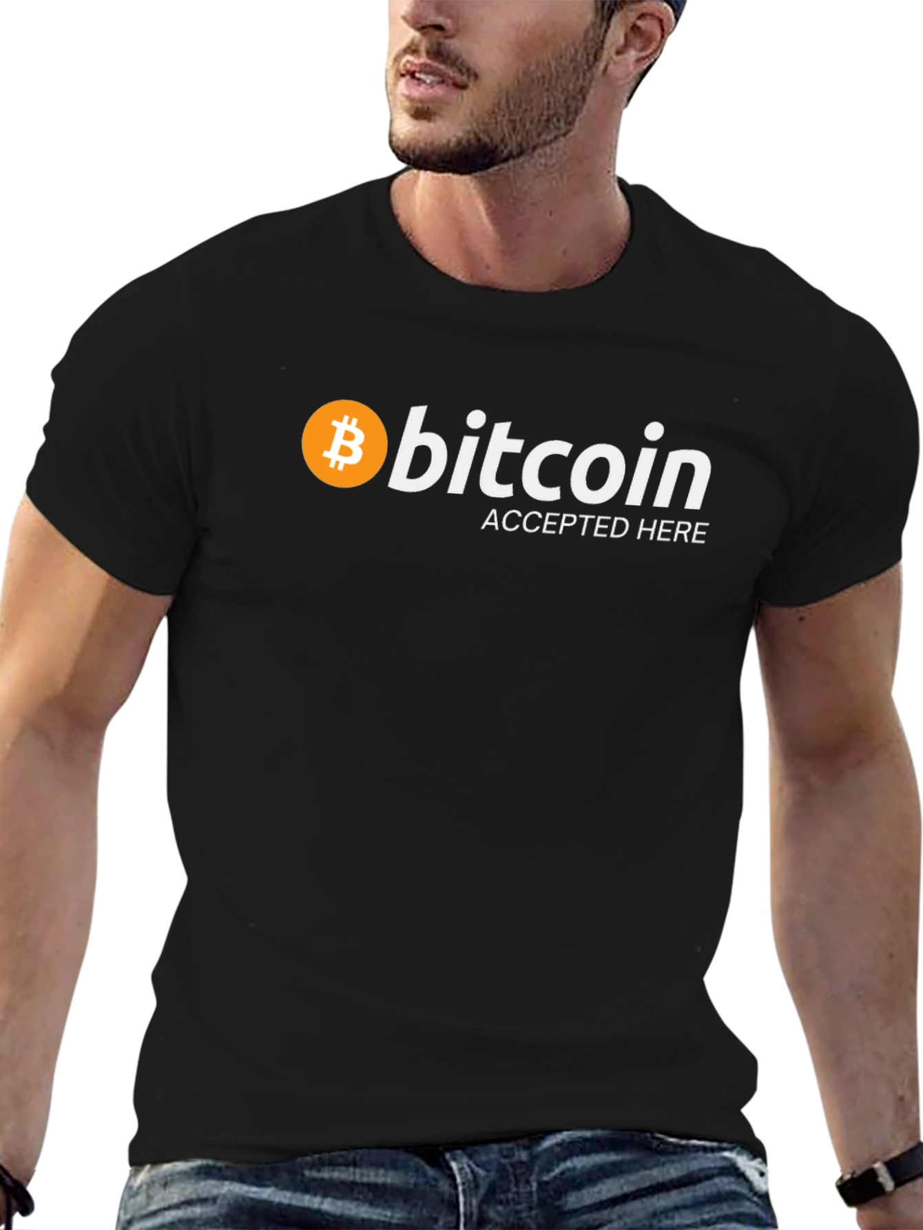 Bitcoin Accepted Here Black T-Shirt Crypto Currency Tee