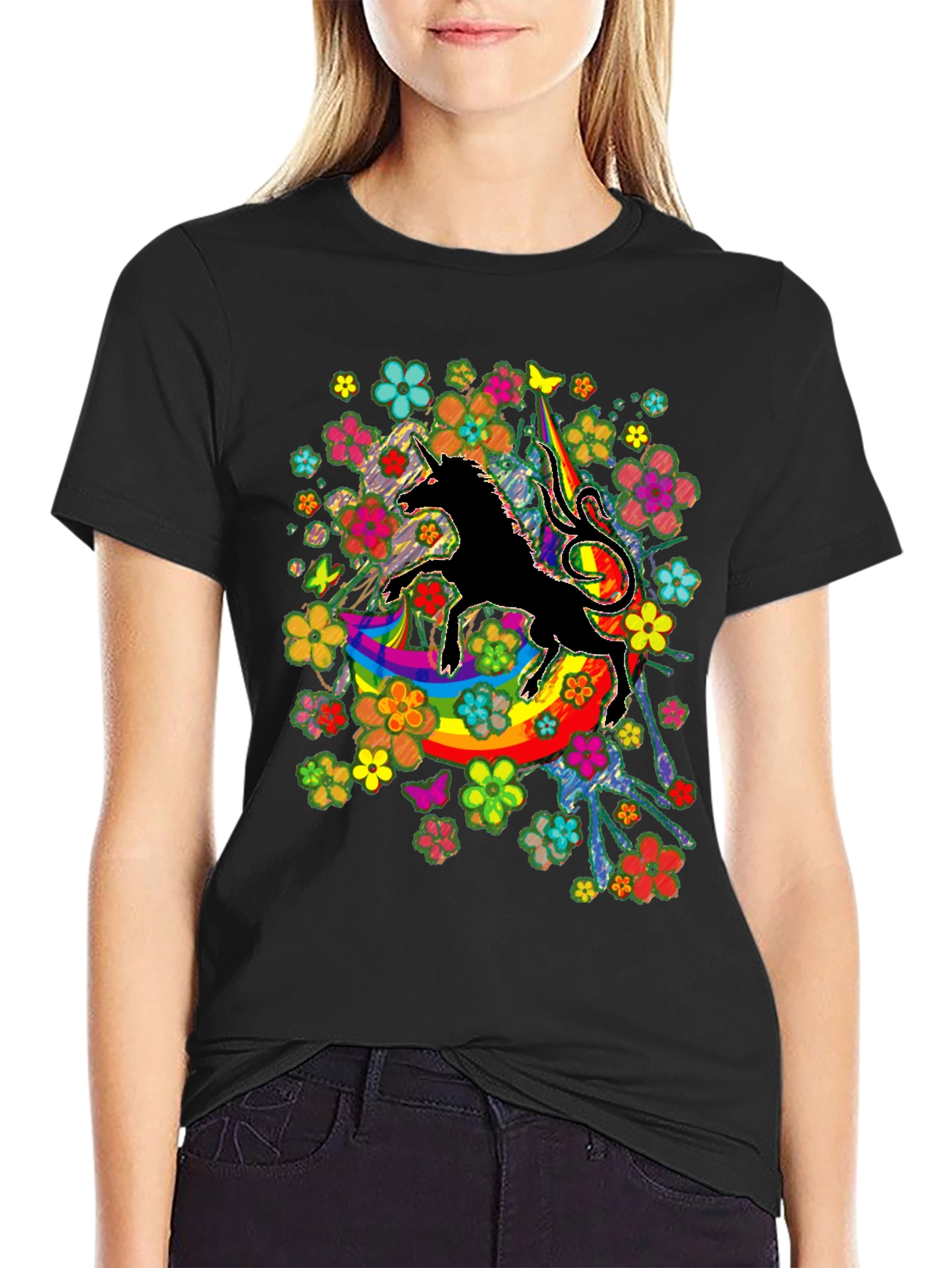 Unicorn Rainbow Floral Graphic T-Shirt