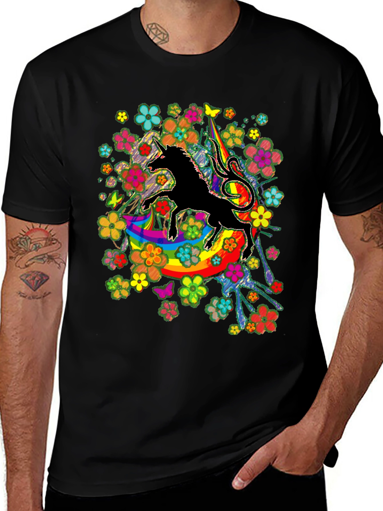 Unicorn Rainbow Floral Graphic T-Shirt