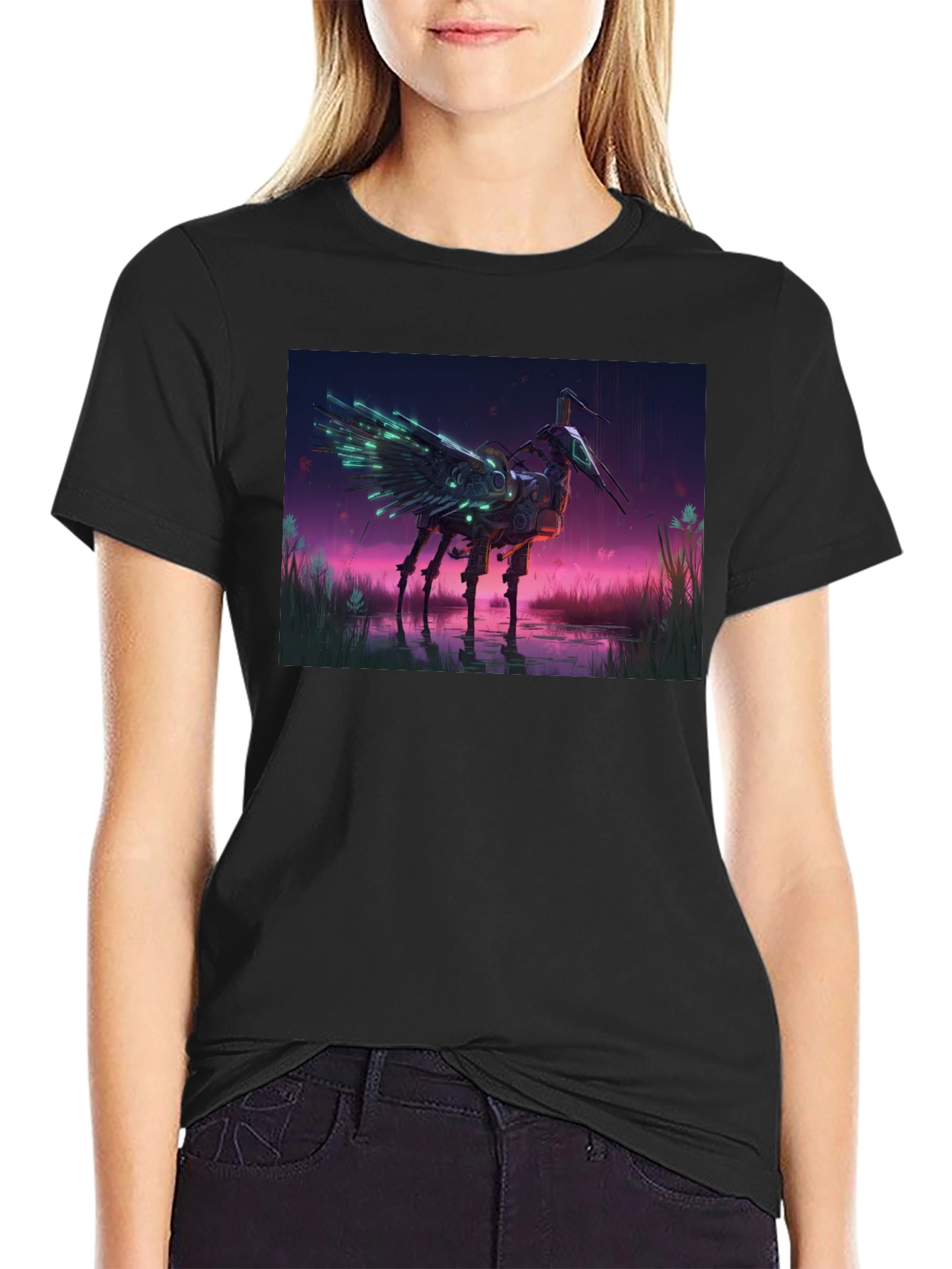 Cybernetic Crane T-Shirt: Sci-Fi Bird Art