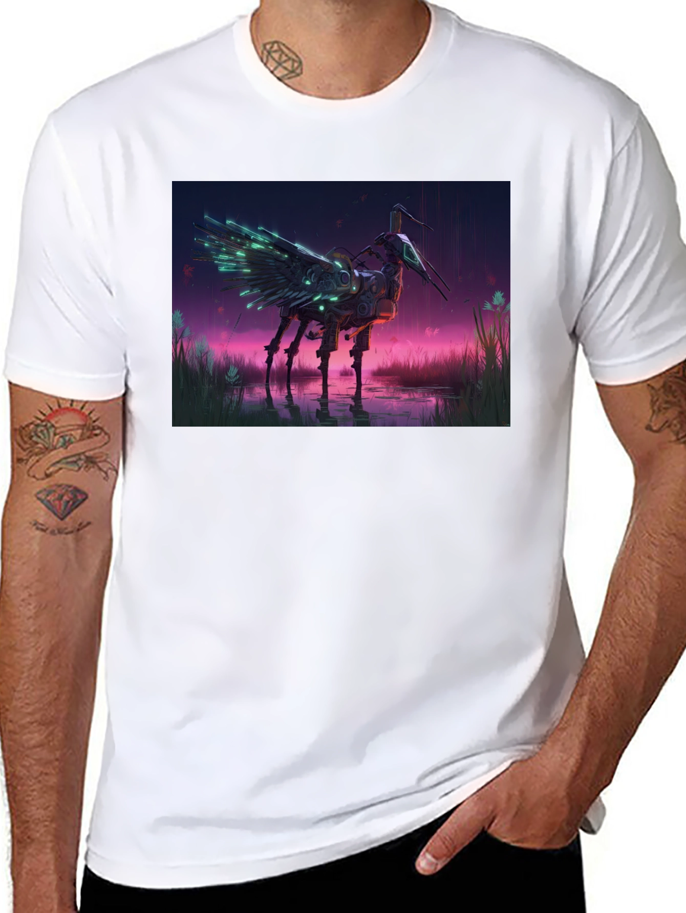 Cybernetic Crane T-Shirt: Sci-Fi Bird Art