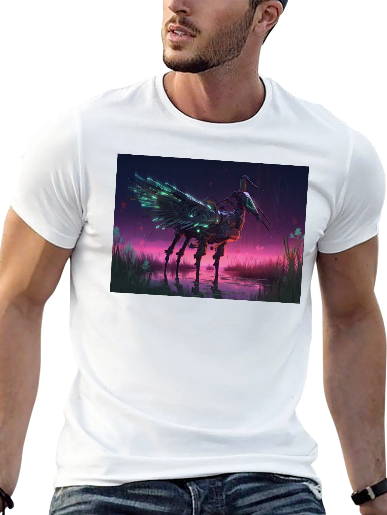Cybernetic Crane T-Shirt: Sci-Fi Bird Art